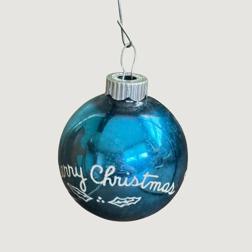 Vintage Shiny Brite Teal Blue Glass Stenciled Merry Christmas Ornament  MCM USA
